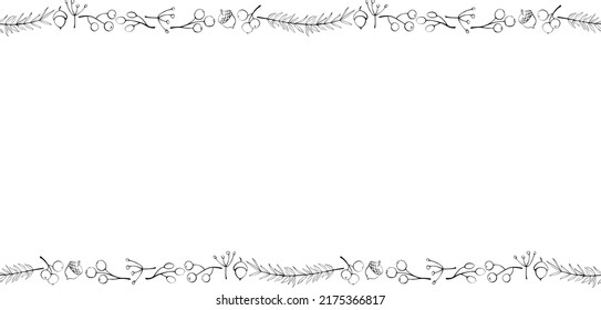 Vector background, frame made of outline twigs, berries, acorns on edges. Horizontal top and bottom edging, border, decoration for seasonal design, thanksgiving theme and happy fall