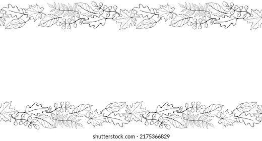 Vector background, frame made of outline autumn leaves on edges. Horizontal top and bottom edging, border, decoration for seasonal design, thanksgiving theme and happy fall