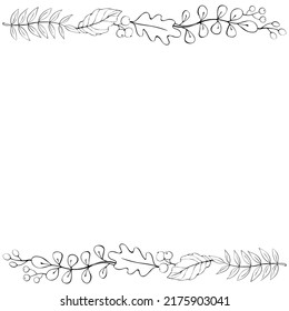 Vector background, frame made of outline autumn leaves, berries on edges. Horizontal top and bottom edging, border, decoration for seasonal design, thanksgiving theme and happy fall