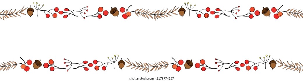 Vector background, frame made of outline color twigs, berries, acorns on edges. Horizontal top and bottom edging, border, decoration for seasonal design, thanksgiving theme and happy fall