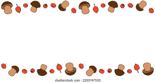 Vector background, frame made of outline color mushrooms, berries on edges. Horizontal top and bottom edging, border, decoration for seasonal design, thanksgiving theme and happy fall