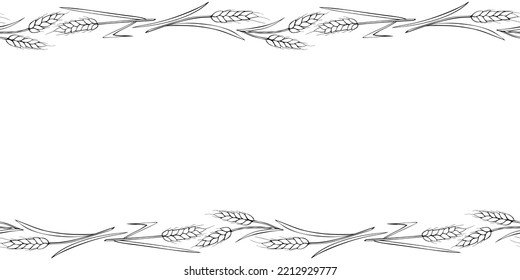 Vector Background, frame made of outline wheat or rye ears in doodle style. Horizontal top and bottom edging, border, decoration on theme of bakery products, flour, harvest, thanksgiving