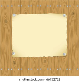 Vector background. The frame of the old paper pinned buttons to wooden planks