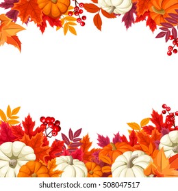 Vector background frame with orange and white pumpkins and colorful autumn leaves.