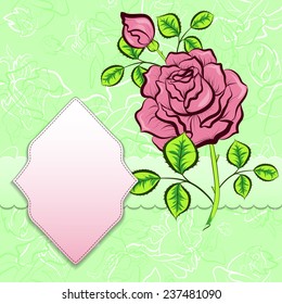 Vector background with frame and pink rose, place for text
