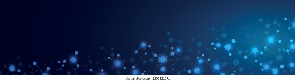 Vector background frame. Plexus of molecules. Pattern of hexagons, cells connected by lines. Neon glow, stars.  Chemical science. Network technology. Banner social networks, websites, medicine.	

