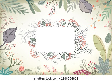 Vector background with frame of romantic floral elements. Horizontal card undestructed under clipping mask.