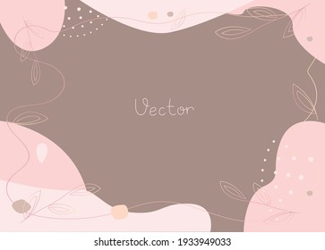 Vector background and frame template with place for text in simple modern style with sprig of leaves. Hand drawn line wedding invitations or greeting cards, social media wallpapers.