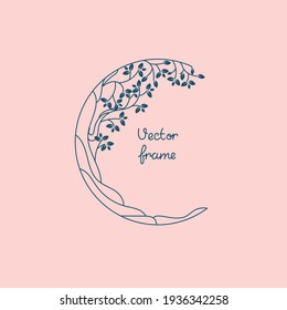 Vector background and frame template with place for text in simple modern style tree from lines and leaves. Hand drawn lines for tattoo, wedding or postcards, social media wallpapers.