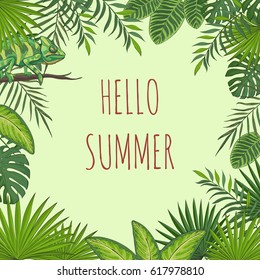 Vector background with a frame of tropical leaves. Poster hello summer.