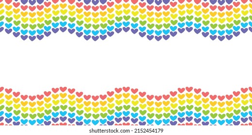 Vector background, frame of waves of colored and rainbow hearts. Horizontal upper and lower edging, border, decoration for the concept of the LGBT community. Celebrating Gay Pride Month