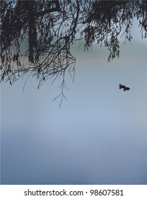 Vector background as a frame of willow branches hanging over the lake with a pair of ducks swimming
