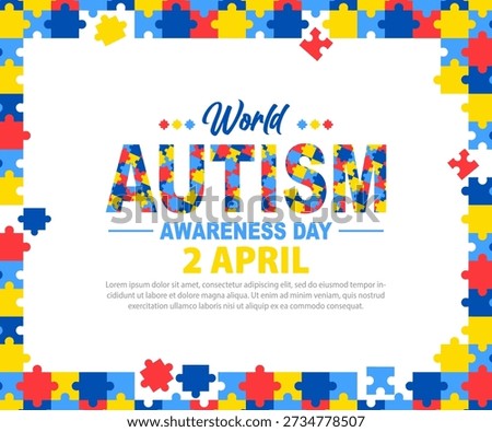 Vector background frame for World Autism Awareness Day with colorful puzzle pieces and copy space for message