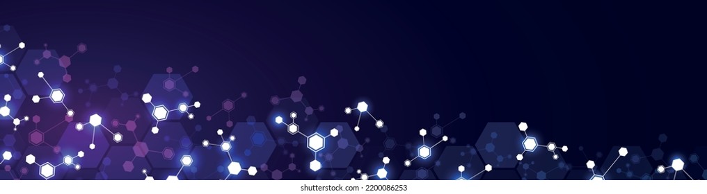 Vector background frame.Pattern of hexagons, cells connected by lines. Neon glow, stars. Plexus of molecules. Chemical science. Network technology. Banner social networks, websites, medicine.	