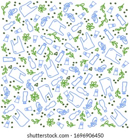 Vektorillustration Hintergrund, Plastikmüll und Blumen. Umweltschutz, Ökologie. Plastik ist kostenlos. Null Abfall. umweltfreundlich. Clipart-Vektorillustration