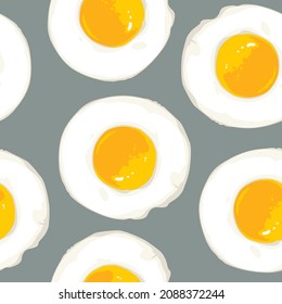 Vector background with fried eggs in cartoon style. Morning breakfast seamless pattern with a lot of scrambled eggs on a grey backdrop. Suitable for wallpaper, wrapping paper or fabric design