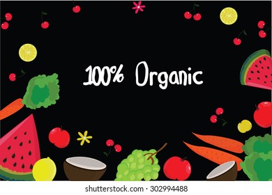 vector background with fruit, berries and labeled 100% organic