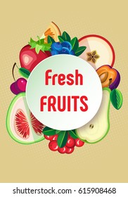 Vector background with fruits and berries and round. On a beige background with halftone.