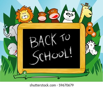 Vector background with funny animals in the forest around a blackboard with the words "Back to school!"