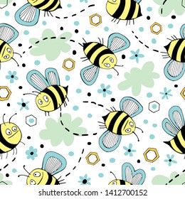Vector background with funny and cute bees. Seamless pattern.