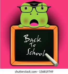 Vector background with funny frog around a blackboard with the words "Back to school!" 