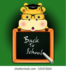 Vector background with funny giraffe around a blackboard with the words "Back to school!"
