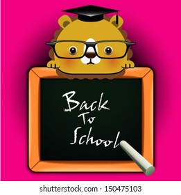 Vector background with funny lion around a blackboard with the words "Back to school!" 