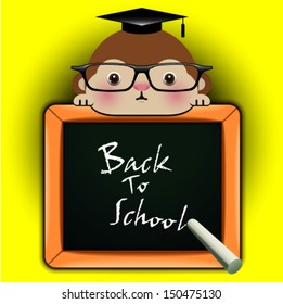 Vector background with funny monkey around a blackboard with the words "Back to school!" 