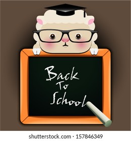 Vector background with funny sheep around a blackboard with the words "Back to school!