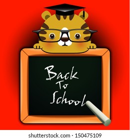 Vector background with funny tiger around a blackboard with the words "Back to school!" 