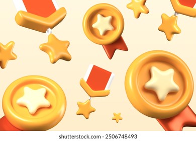 Vector background with game trophies in 3D style. Gold medal rosette, chest order with star