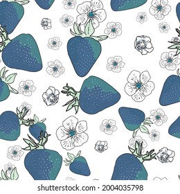 Vector background garden strawberries, berry flowers, berries fruits. Seamless pattern background