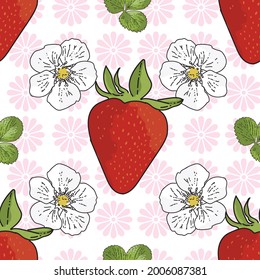 Vector background garden strawberries, berry flowers, berries fruits. Seamless pattern background