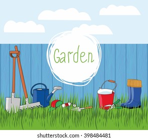 Vector background with garden tools and rubber boots on the grass