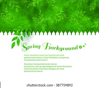Vector background with garden white fence, tree branch, leaves and green shrubs with watercolor texture.