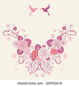 Vector background with garland of flowers, leaves and couple of birds. Invitation and greeting card for wedding. Frame of branches of blooming roses.Pink romantic abstract illustration with text box