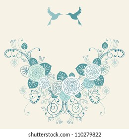 Vector background with garland of flowers, leaves and couple of birds. Invitation and greeting card for wedding. Frame of branches of blooming roses. Blue romantic abstract illustration with text box