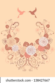 Vector background with garland of flowers, leaves, couple of birds. Invitation, greeting card for wedding. Decorative frame of branches of blooming roses. Romantic abstract illustration with text box