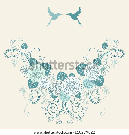Vector background with garland of flowers, leaves and couple of birds. Invitation and greeting card for wedding. Frame of branches of blooming roses. Blue romantic abstract illustration with text box