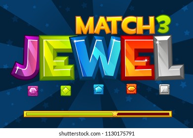 Vector background GEMS Match3 Games. Set Multicolored precious icons and loading game, GUI Graphic Assets