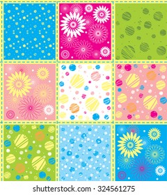Vector background in gentle, cheerful, fresh colors. Patchwork stile. The rectangles with polka dots, with circles, daisies, lines and so on. It can be used as a set of nine separate patterns.