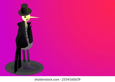 Vector background with a gentleman with a top hat on his head and in a tailcoat. The gentleman on the left. Abstract figure, gentleman, man, formal wear. Man with hands behind back. Color gradients.