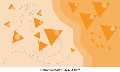 Vector background with geometric objects and lines. Triangles. Shades of orange. Dividing the area into two parts with a rough line. Triangles, circles. Geometric background.