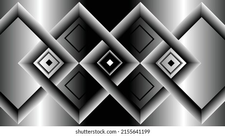 Vector background with geometric shapes and gradient color. Black and white gradients. Spatial effect. Intertwined squares with a wide edge. The main objects complemented by smaller squares.