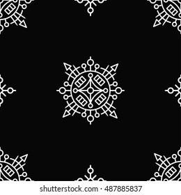 Vector background with geometric signs, seamless pattern on black background, graphic style