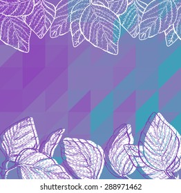 Vector background with geometric triangle mosaic and hand drawn botanical borders of plant or tree, purple and indigo polygons