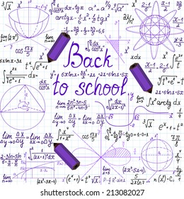 Vector background with geometrical figures, words "Back to school" and pencils, handwritten on a copybook paper