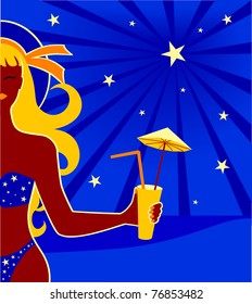 Vector background with girl and beach at night