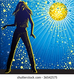 Vector background with girl dancing in night-club, disco-ball and glitters