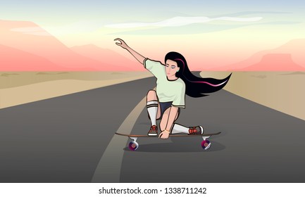 vector background girl on longboard against the mountains